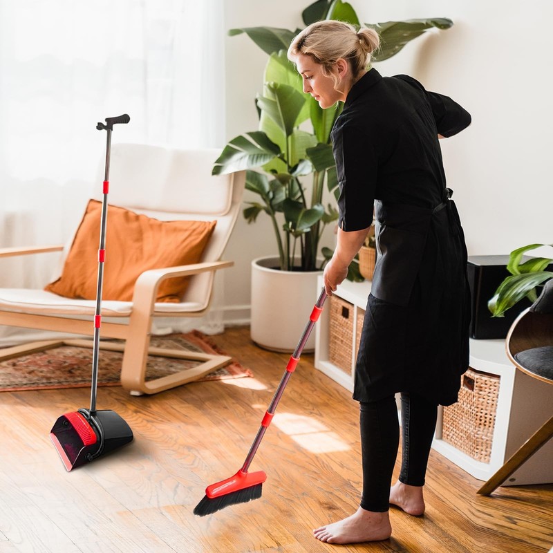 Broom with Dustpan Combo Set 54" Long Handle Adjustable Length Black and Red gallery