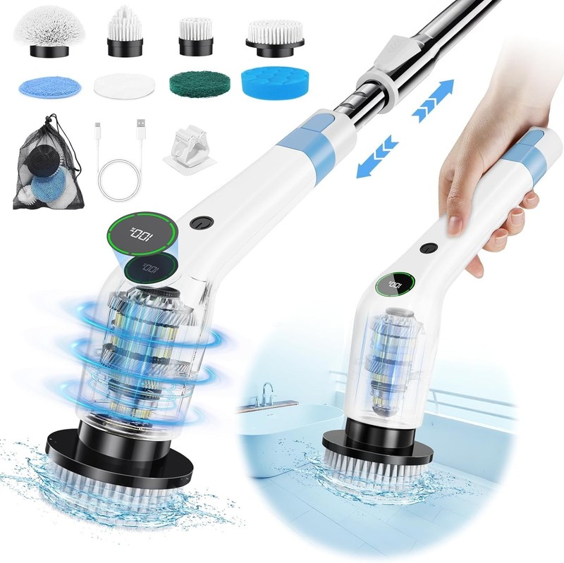 PUFTEM Electric Spin Scrubber, Cordless Shower Scrubber with 8 Scrub White