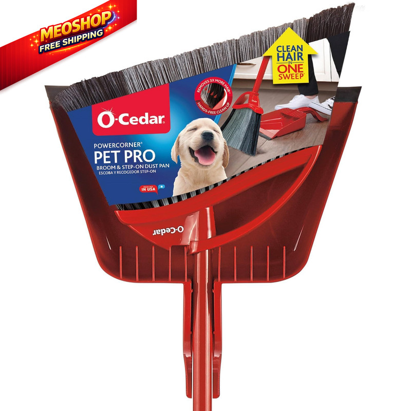 O-Cedar Pet Pro Broom with Step-On Dustpan | PowerCorner Broom, Red