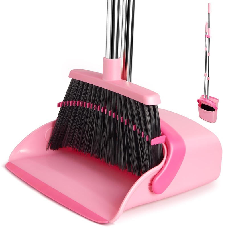 XXFLOWER Broom and Dustpan Set, Dustpans with Combo for Home, Pink