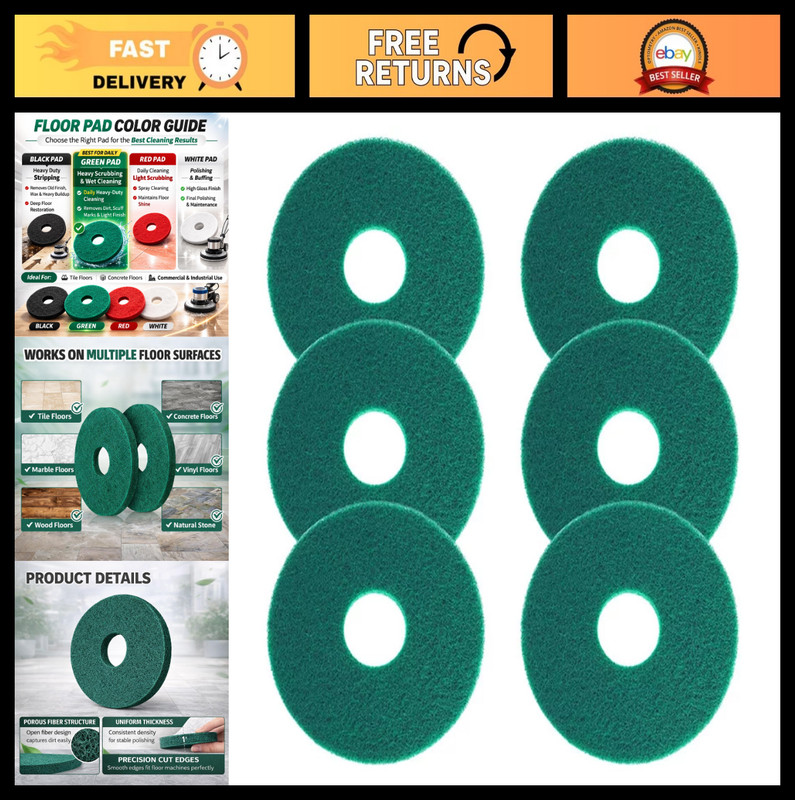 12" Cleaning Orbiter Pads - 6 Pack, Green Scrubbing Pads for Tile, Hardwood & Ma