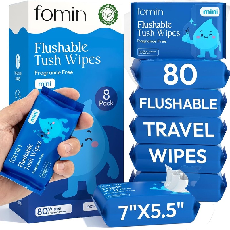 Flushable Tush Wipes 8 Pack - Unscented Travel Size, Eco-Friendly & pH Balanced gallery