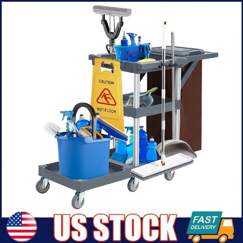Commercial Janitorial Cart with Wheels ,3-Shelf Cleaning Trolley Cart ,Trash Bag