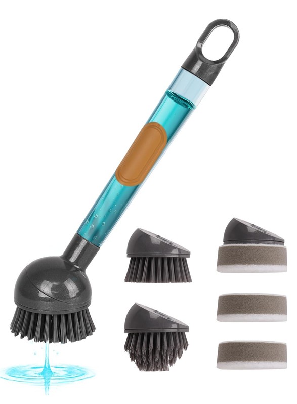 Soap Dispensing Dish Brush Storage Set with 360° Rotating Head, Kitchen Black