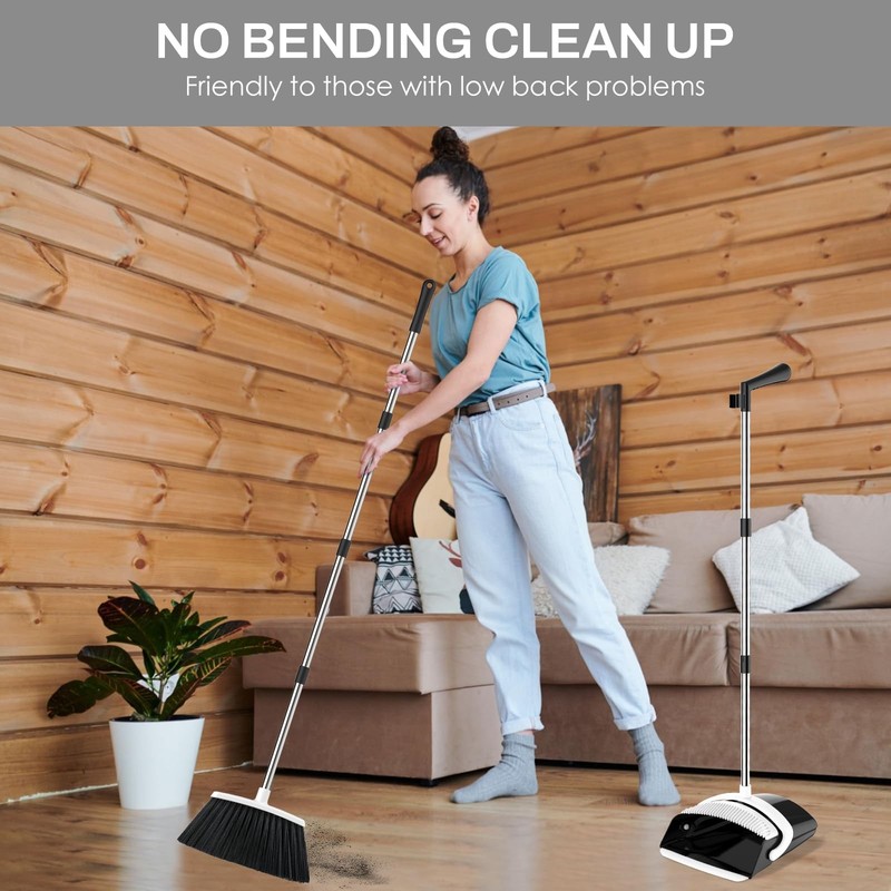 EZKEY Broom and Dustpan Set for Home, 51-in Long Medium, Black White gallery