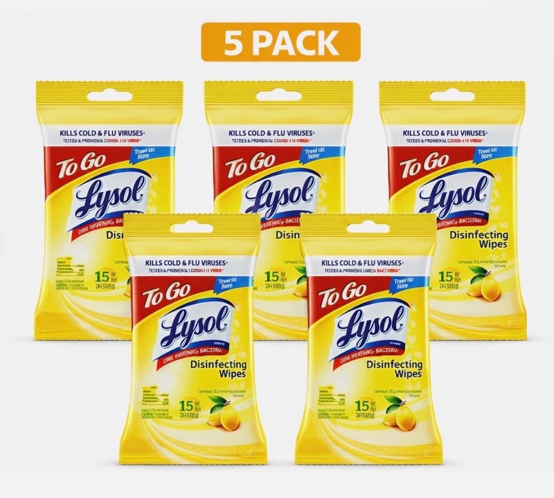 LYSOL Disinfecting Wipes - Lemon & Lime Blossom To-Go Flatpack 15 wipes. 5-Packs