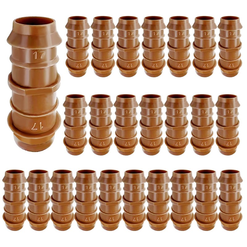 HZMM 25 Pack Drip Irrigation Barbed Coupling Fittings – 1/2 Inch (17mm, Browm