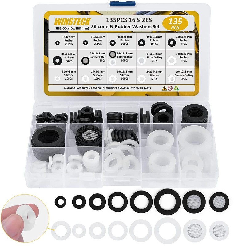 Rubber & Silicone Gasket Washers Kit – 135 PCS, 16 Sizes, Garden 135PCS, grey