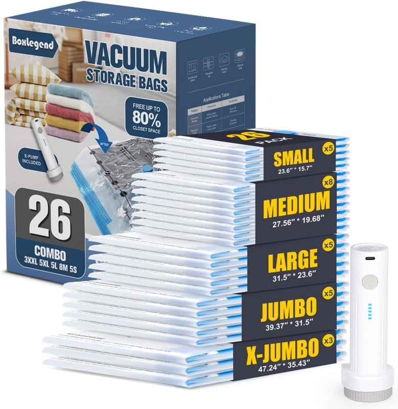 Vacuum Storage Bags with Electric Pump 26 Combo (3X-Jumbo, 5 Jumbo, 5 Large, 8