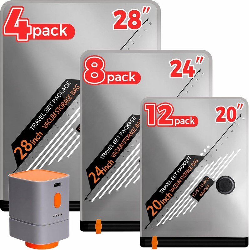 24 Combo Travel Vacuum Bags with Cordless Rechargeable Pump, Portable Space