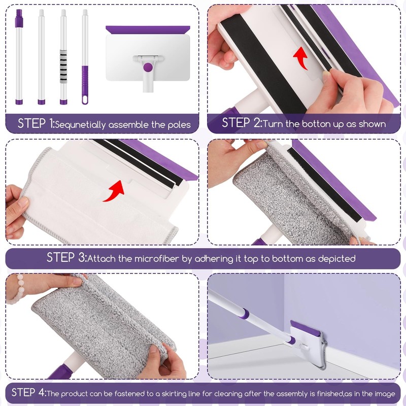 Baseboard Cleaner Tool with Handle, 60" Extendable Long Handle Purple, White gallery