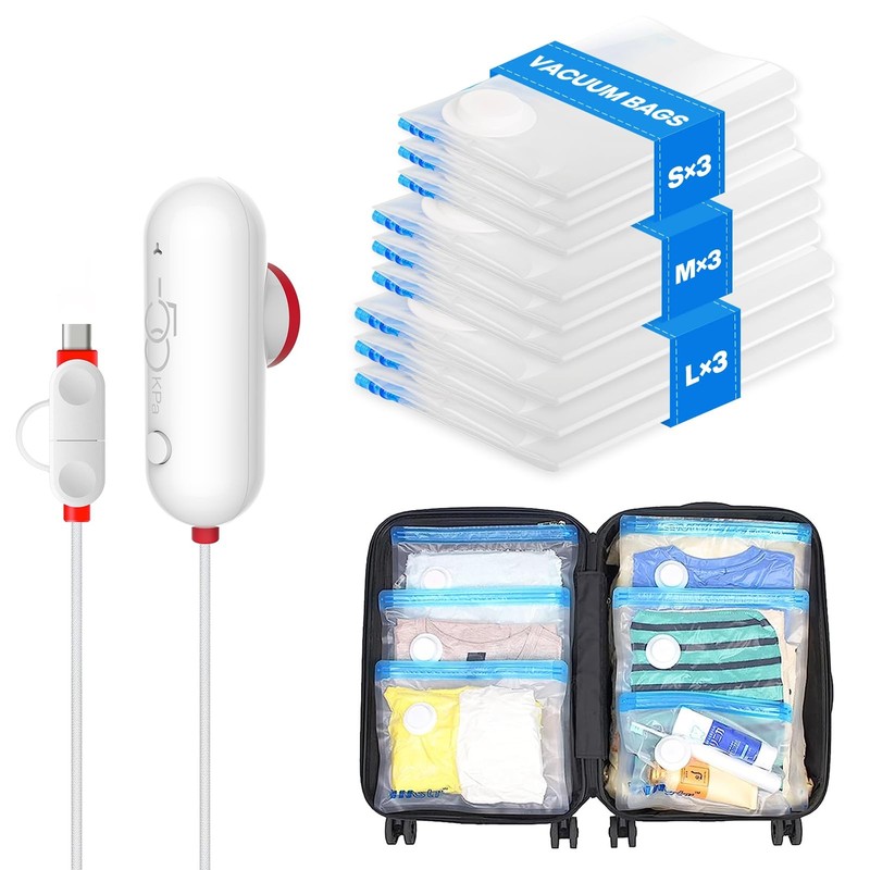 VMstr 9 Pack Travel Vacuum Storage Bags 9 Combo + USB Pump, Red and White