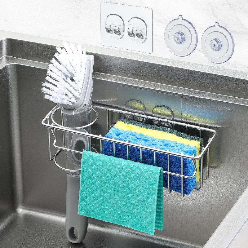 3-In-1 Sponge Holder for Kitchen Sink with Suction Cups & 3-in-1, Silver