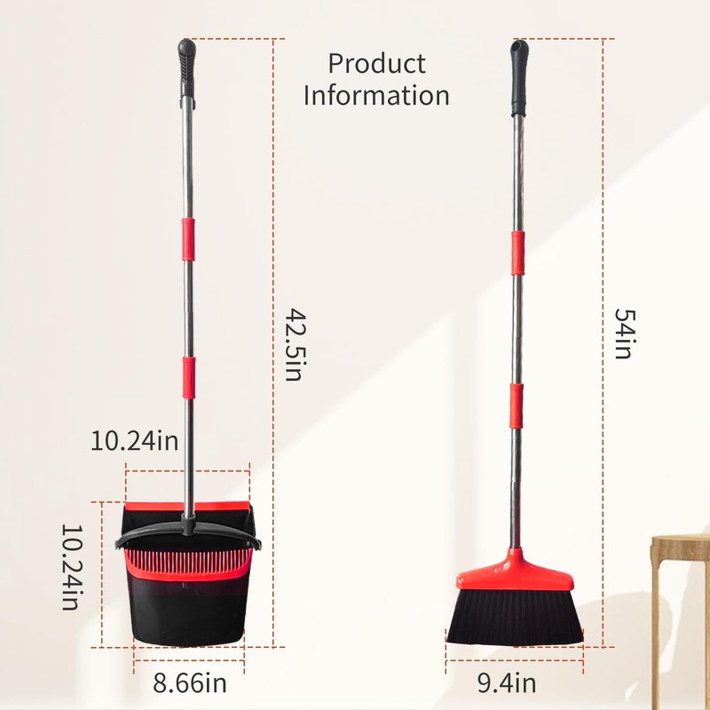 Broom with Dustpan Combo Set 54" Long Handle Adjustable Length Black and Red gallery