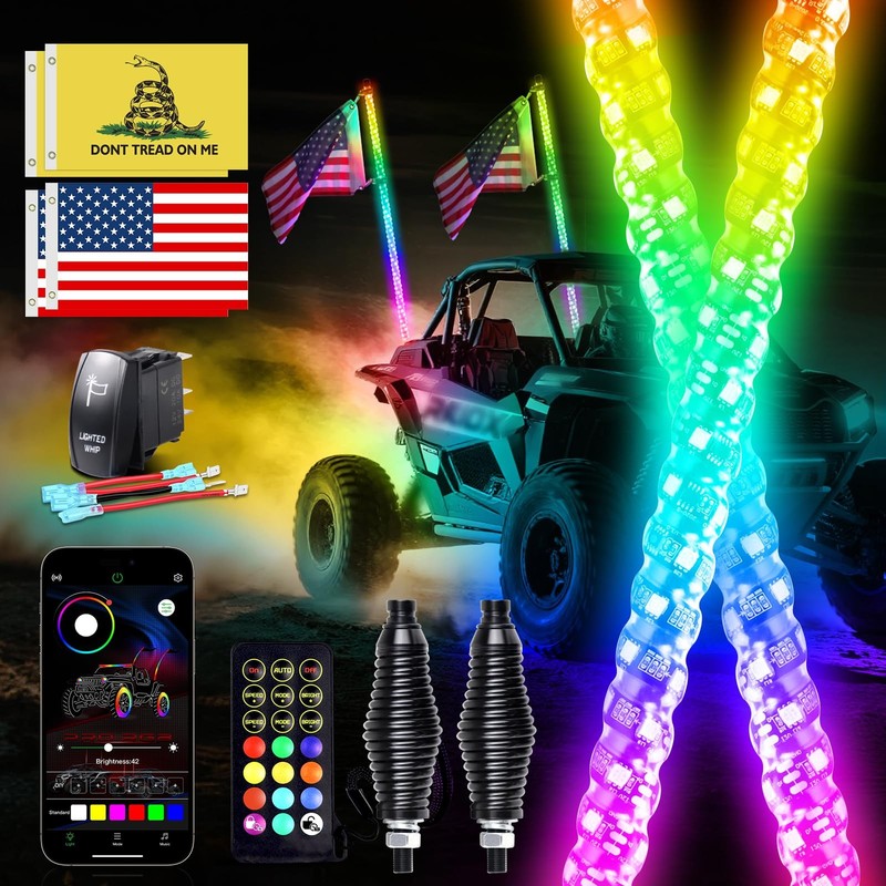 Viswiker 2Pcs 4Ft Led Whip Lights For Utv/Atv App Remote Control Chasing Color