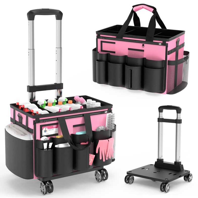 Cleaning Caddy with Wheels – Rolling Cleaning Caddy Bag with Detachable Troll…