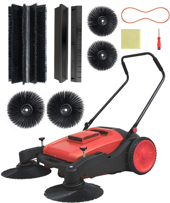 POHIR 41″ Walk-Behind Hand Push Floor Sweeper 15 Gallon Waste Container Red Kit