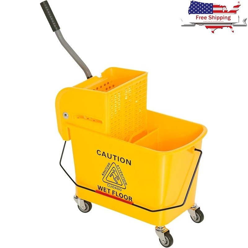 21 Quart Mop Bucket W/ Down Press Wringer Water-Separation Panel Mobile Casters
