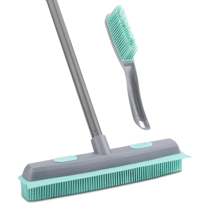 Conliwell Rubber Broom Carpet Rake for Pet Hair, Fur Iron Handle, Blue