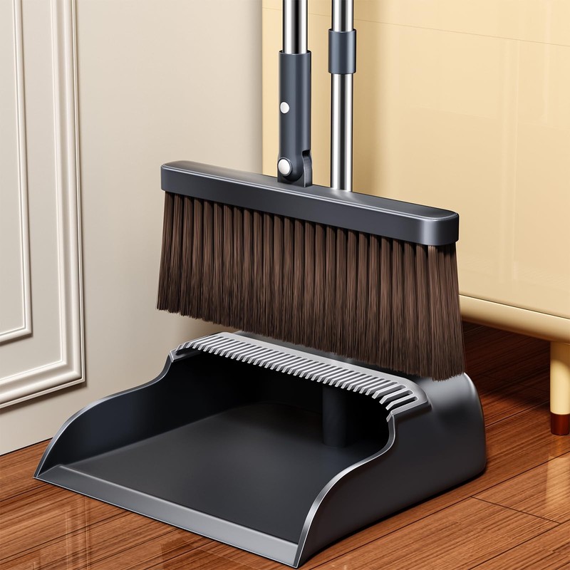 Broom and Dustpan Set, 51.6″ Long Handle with Combo Set Gray