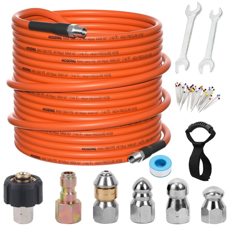 50FT Sewer Jetter Kit for Pressure Washer, 5800 PSI Water Jet 50 FT, Orange