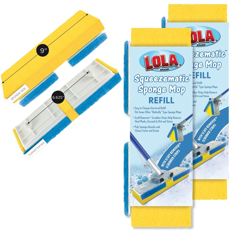 LOLA Squeeze Matic Butterfly Sponge Mop Refill, 9", 2 Pack 2 Pack, Yellow