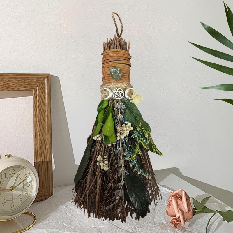 Teeloray Cinnamon Broom 7.5 Inch Witch for Altar Magic Crystal Green