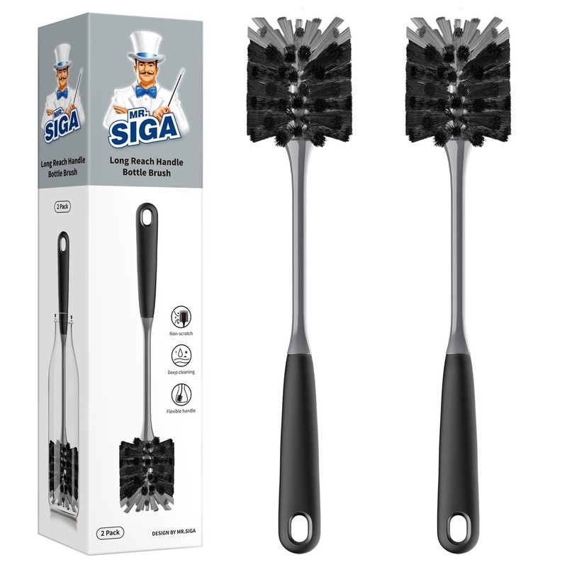 MR.SIGA Long Handle Bottle Brush, Flexible Scrub 2 Count (Pack of 1), Black