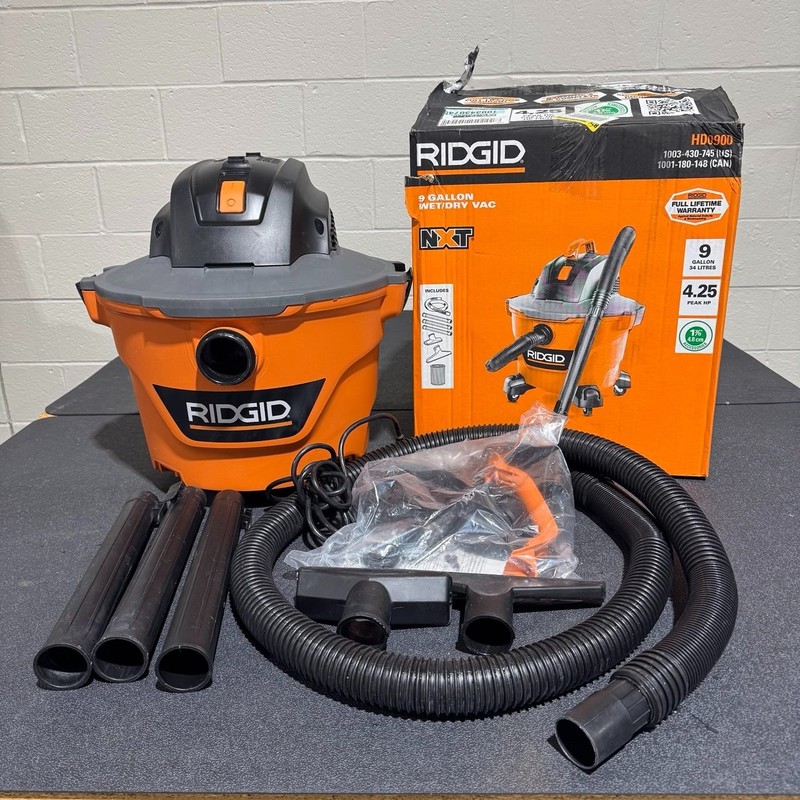 RIDGID 9 Gal. 4.25 Peak HP NXT Wet/Dry Vac w/ Debris Filter, Locking Hose & Acc.
