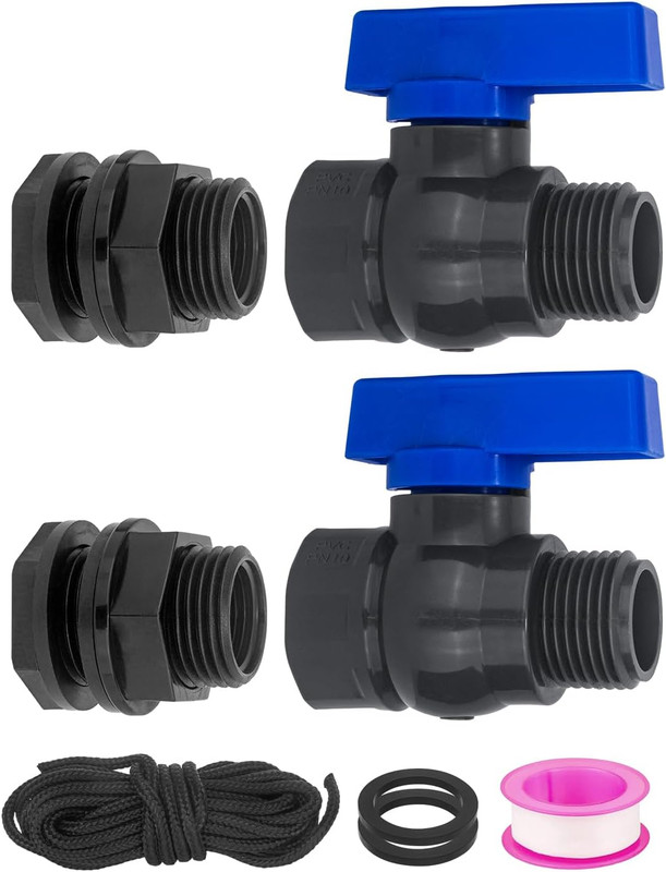 PVC Rain Barrel Spigot Kit 2 Pack 3/4″ GHT Bulkhead Fitting with PVC Ball Valve