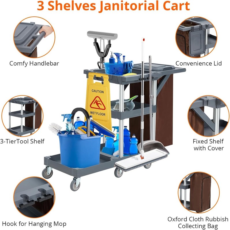 Commercial Janitorial Cleaning Housekeeping Caddy w/ Shelves & Oxford Bag, Gray gallery