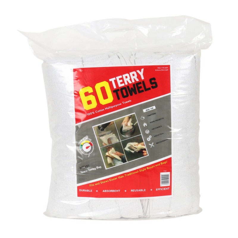 Case of 300 Terry Towels - 5 Bags of 60 All Purpose Cleaning Grade Rags - White gallery