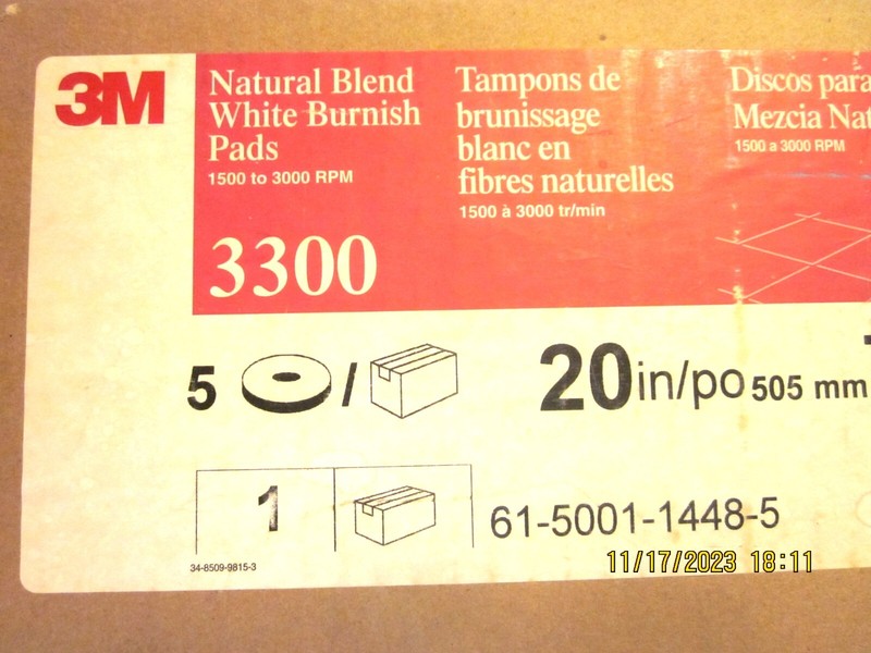 3M 3300 Natural Blend White Burnish Pad – 20In., 505mm – 5 pads – New