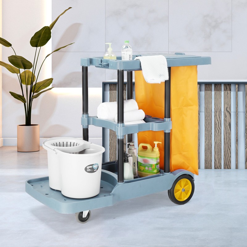 Housekeeping Cart with Silent Wheels & 3-Tier Storage & Odor-Proof Trash Bag New