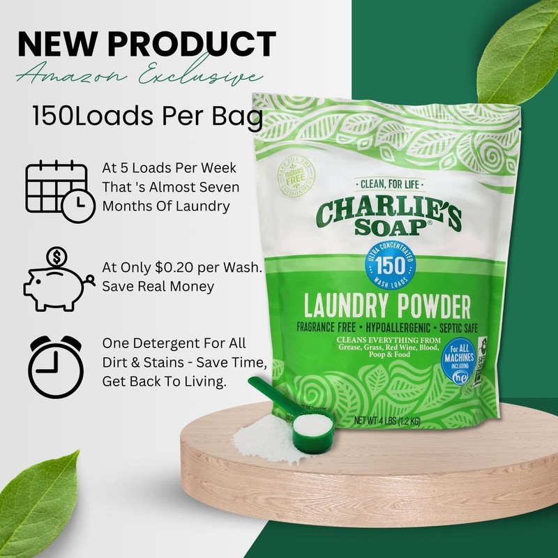 Charlie’s Soap Laundry Powder Detergent (150 64 Ounce (Pack of 1), WHITE gallery